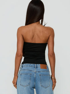 Designed with the Namari Strapless Bodysuit Black womens-bodysuit in sleeveless ruched style back view of model wearing Princess Polly