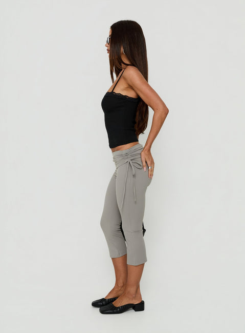 Showcasing the Bailor Channel Waistband Capri Pants Grey womens-regular-pants with high-rise detail side view of model wearing Princess Polly