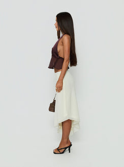 Designed with the Suella Asymmetrical Midi Skirt Off White in womens-skirts with a midi length side view of model wearing Princess Polly