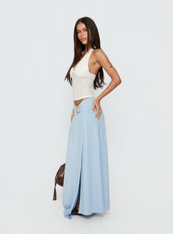   side view of model wearing Princess Polly Nola Hardware Slit Maxi Skirt Blue Maxi Skirts 