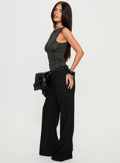 side view of model wearing Princess Polly Deonne Straight Leg Buckle Pants Black Mid Rise Pants 