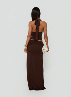 Designed with elegance, the Keerah Ruched Maxi Skirt Brown womens-skirts with maxi length back view of model wearing Princess Polly