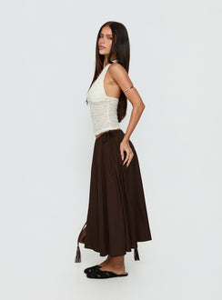   side view of model wearing Princess Polly Persuasion Tie Side Midi Skirt Chocolate Midi Skirts 