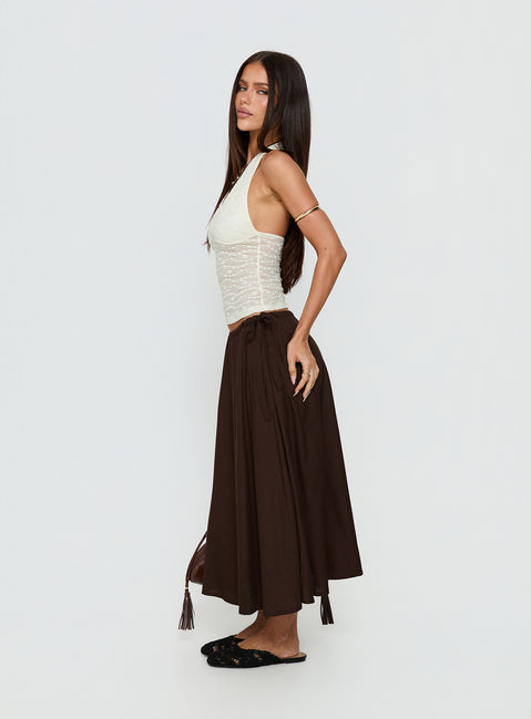   side view of model wearing Princess Polly Persuasion Tie Side Midi Skirt Chocolate Midi Skirts 
