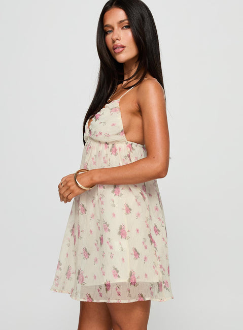 side view of model wearing Princess Polly Matea Mini Dress Multi Floral Plunger 