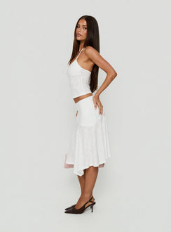 Designed with the Opalie Asymmetrical Midi Skirt White Broderie in womens-skirts highlighting fitted silhouette side view of model wearing Princess Polly