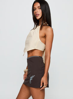 side view of model wearing Princess Polly Just Imagine Tie Back Top Beige Sleeveless Crew Neck 