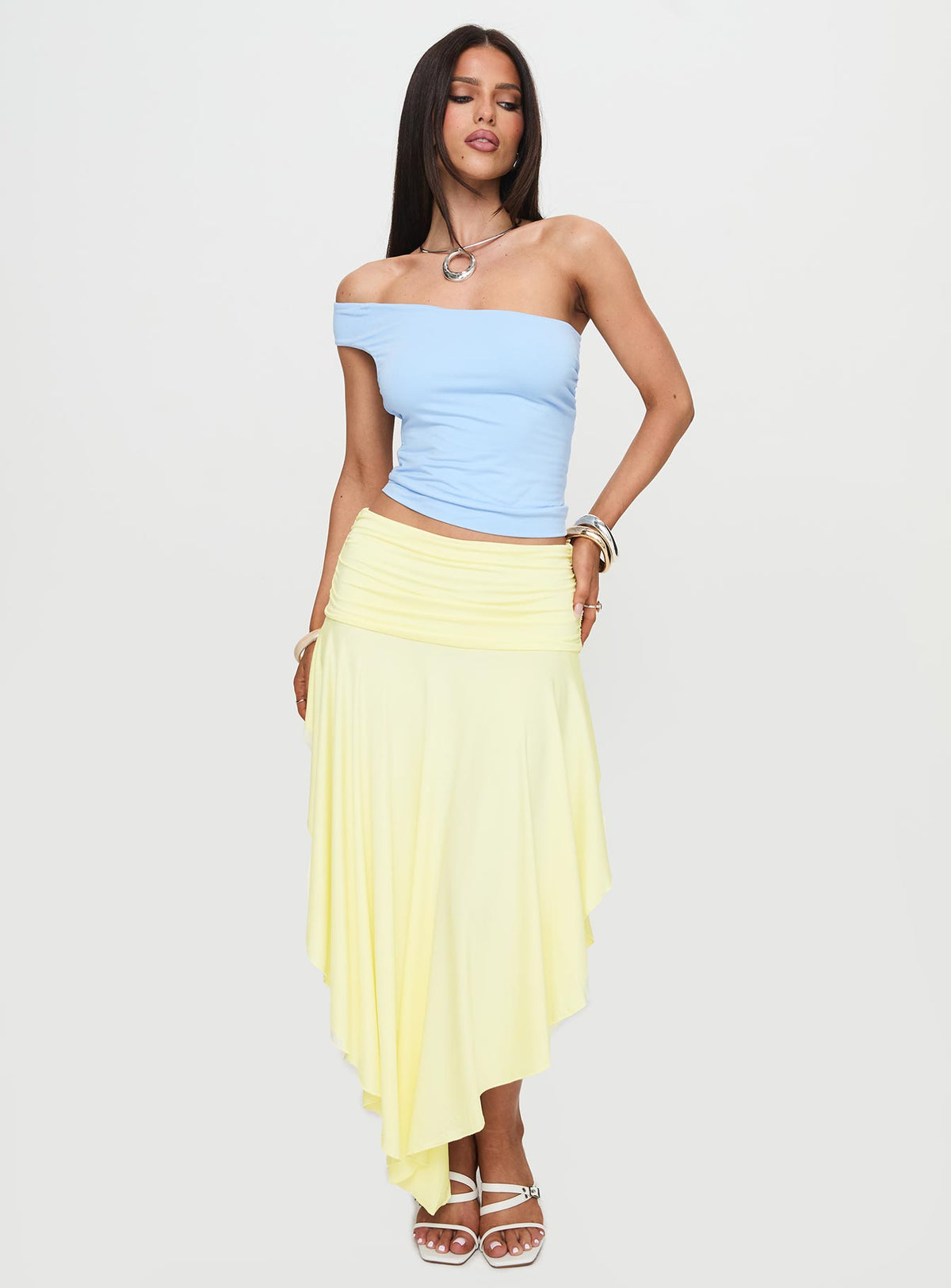 front view of model wearing Princess Polly Irina Multi-Wear Top Blue Sleeveless Cowl 