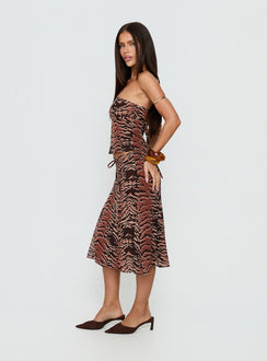   side view of model wearing Princess Polly Tipsy Midi Skirt Animal Multi 