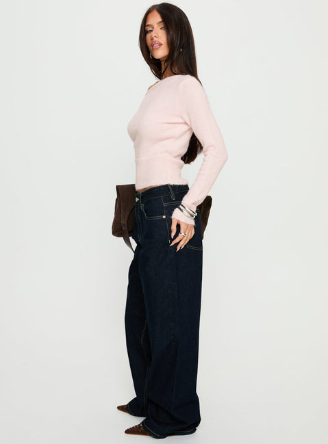 side view of model wearing Princess Polly Serenitia Mid Rise Relaxed Jeans Dark Raw Wash Mid Rise Jeans 