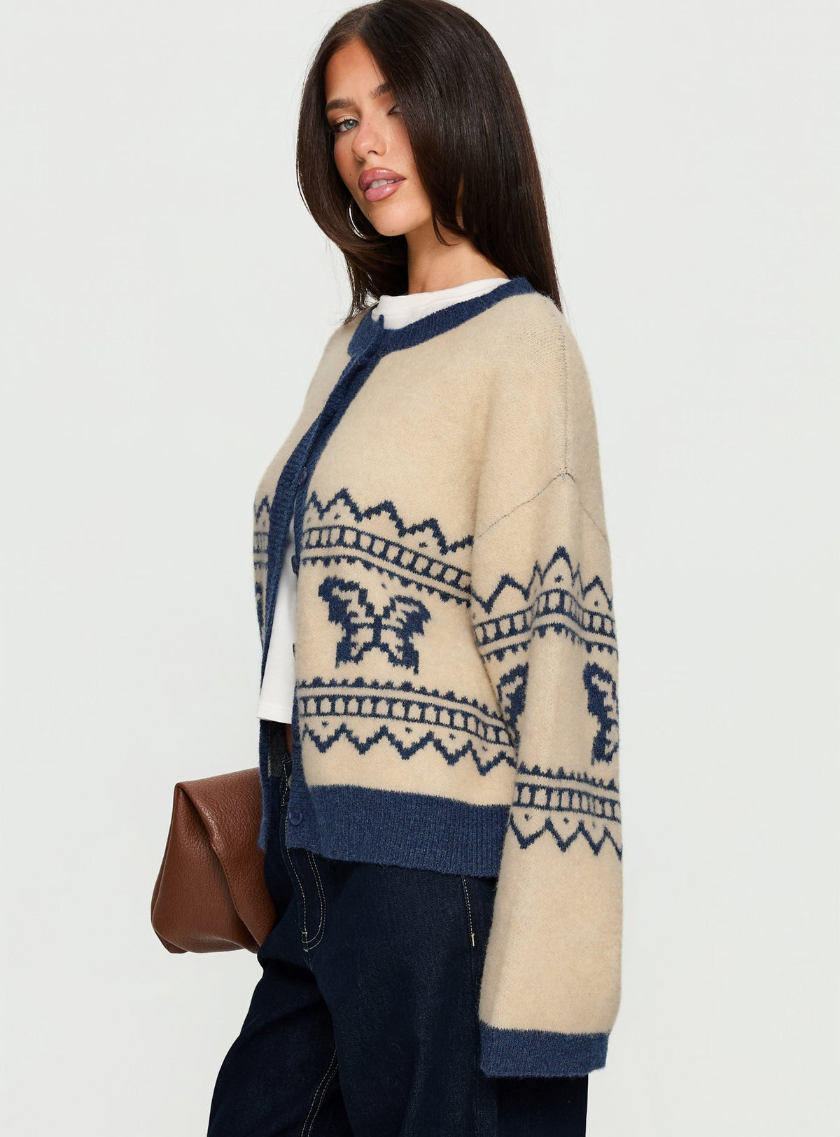 side view of model wearing Princess Polly Wynoni Alpine Knit Cardigan Beige / Navy Longline Jumpers 
