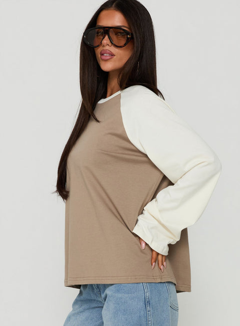 Settle Down Long Sleeve Raglan Top Beige Multi