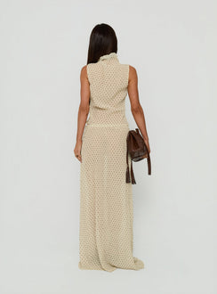 Showcasing the Ford Maxi Skirt Butter Chocolate Polka Dot in womens-skirts with a maxi length silhouette back view of model wearing Princess Polly