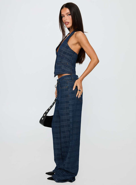 side view of model wearing Princess Polly Top Model Low Rise Straight Leg Jeans Indigo Plaid Mid Rise 