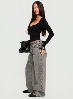 side view of model wearing Princess Polly Serenitia Mid Rise Relaxed Jeans Washed Grey Mid Rise Jeans 