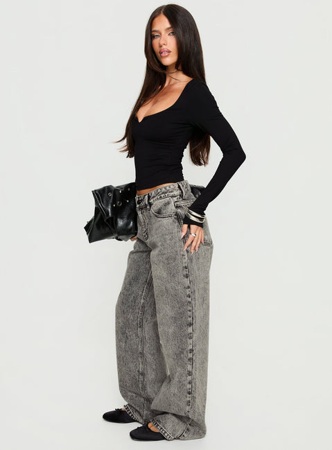 side view of model wearing Princess Polly Serenitia Mid Rise Relaxed Jeans Washed Grey Mid Rise Jeans 