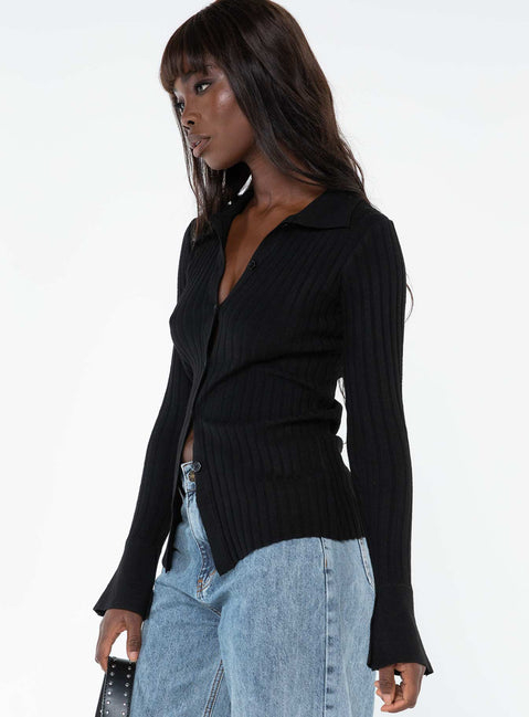 side view of model wearing Princess Polly Anneke Collared Cardigan Black Longline Jumpers Jumpers 