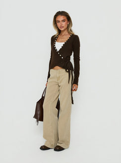 Showcasing Buenos No Waist Low Rise Straight Leg Jeans Washed Khaki in womens-jeans front view of model wearing Princess Polly