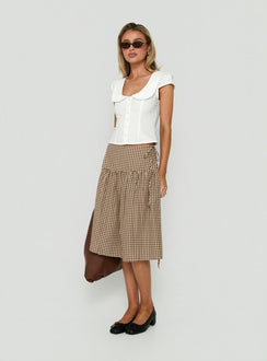 Crafted with the Kasida Tie Detail Midi Skirt Brown Check in womens-skirts with midi length detail view of model wearing Princess Polly