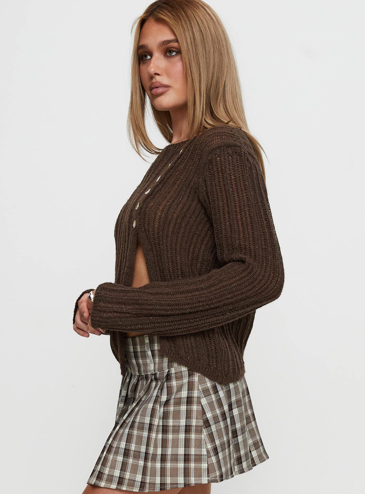 side view of model wearing Princess Polly Lenker Knit Sweater Brown Longline Jumpers Jumpers 
