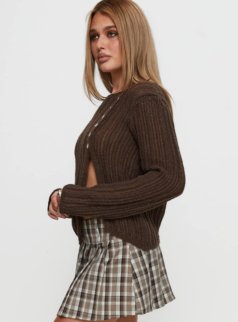 side view of model wearing Princess Polly Lenker Knit Sweater Brown Longline Jumpers Jumpers 