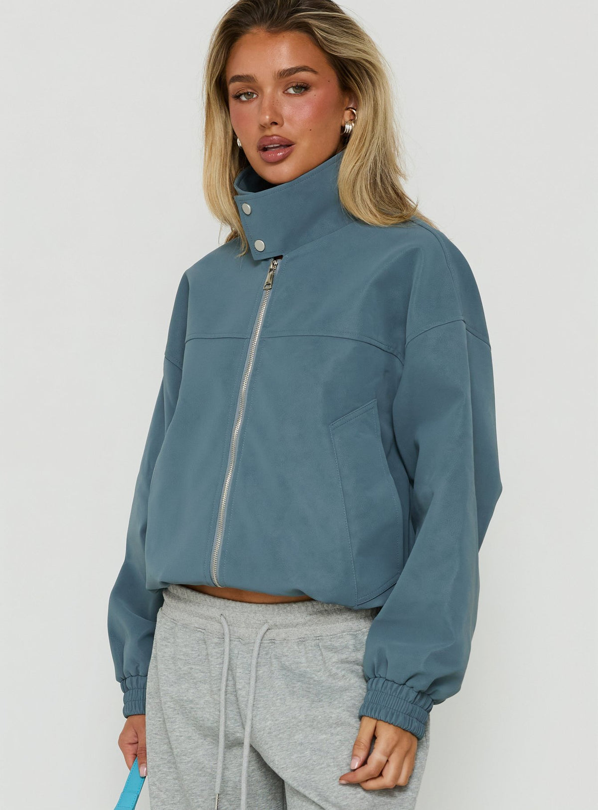 Ellissa Faux Suede Bomber Jacket Slate Blue