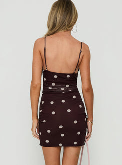 Edesia Ruched Mini Dress Chocolate Polka Dot