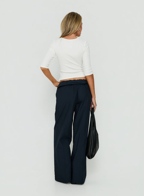 Designed with the Amaiza Frill Drawstring Straight Leg Pants Navy in womens-regular-pants with high-rise back view of model wearing Princess Polly