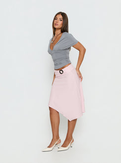   side view of model wearing Princess Polly Ismora Asymmetrical Midi Skirt Pink 