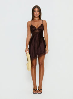 Raines Asymmetrical Lace Mini Dress Brown