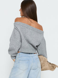 back view of model wearing Princess Polly Ortensa Off Shoulder Zip Through Jumper Grey Marle Cropped Jumpers 