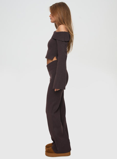 side view of model wearing Princess Polly Sina Off The Shoulder Top Chocolate Tall Full Sleeves Asymmetric Neckline 