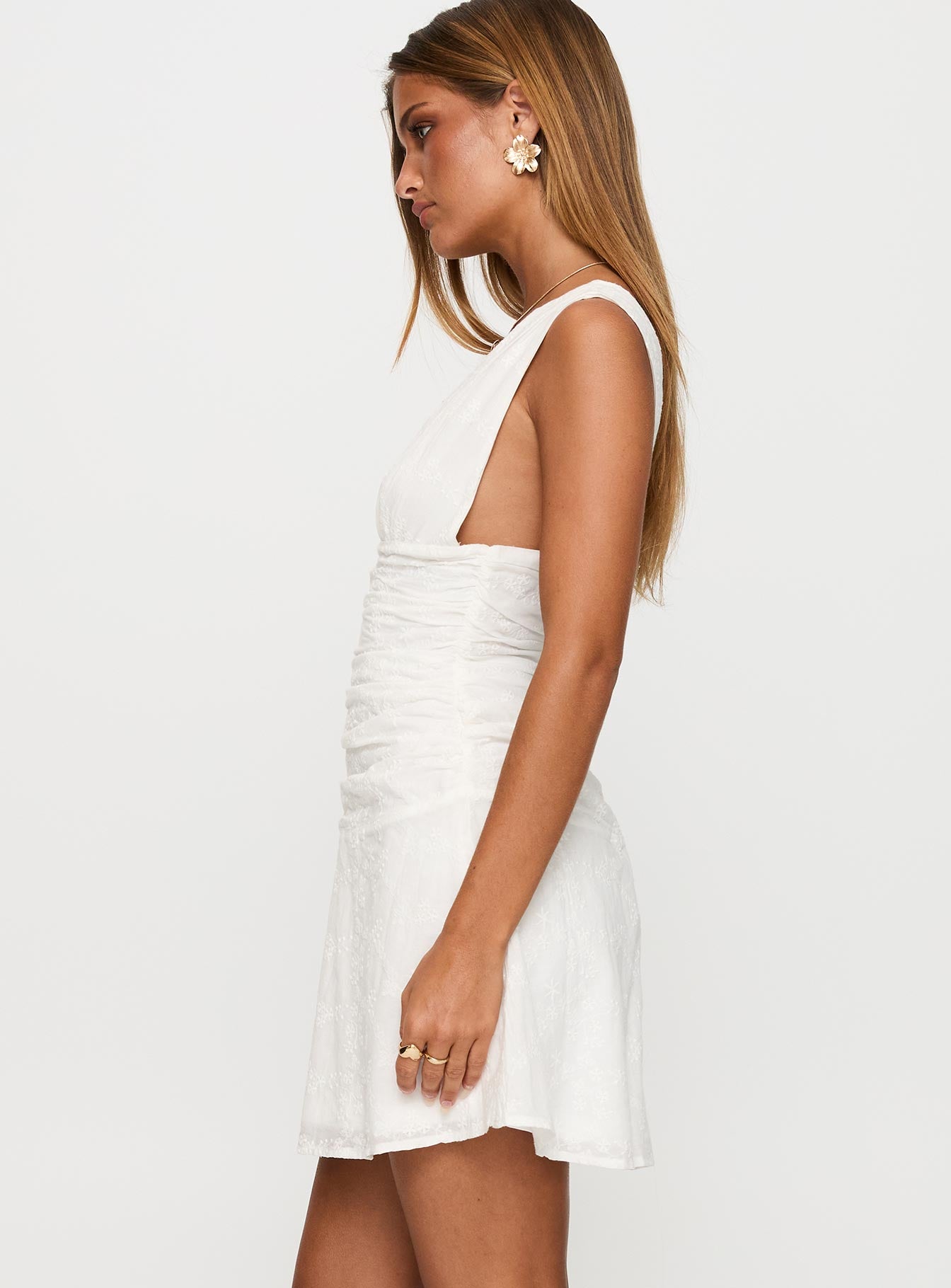 side view of model wearing Princess Polly Everelle Ruched Embroidered Mini Dress White Plunger 
