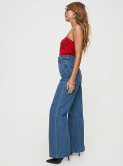 side view of model wearing Princess Polly Zephee High Rise Wide Leg Jeans Light Wash Tall High Rise Jeans Jeans 