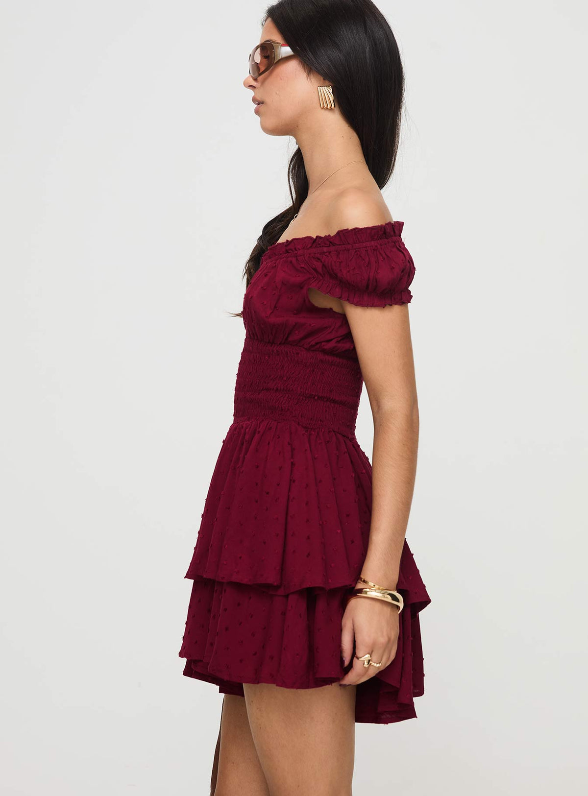 Off the shoulder playsuit Shirred waistband, ruffle detailing, elasticated neck & sleeves, layered ruffle hem Fully lined, good stretch