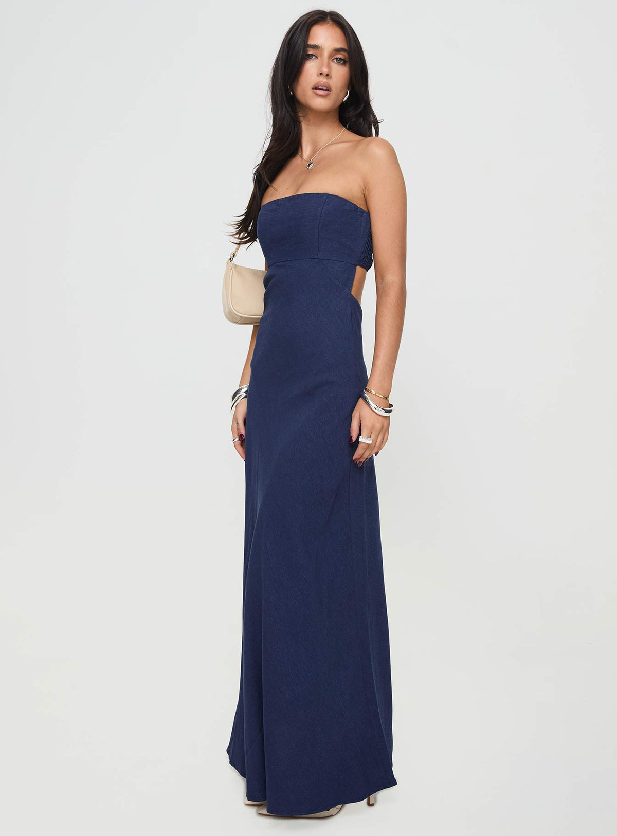 back view of model wearing Princess Polly Yahir Strapless Maxi Dress Navy Petite Straight Neck 