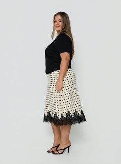 Featuring Downtown Scene Lace Trim Maxi Skirt Cream Polka Curve in womens-skirts with midi length side view of model wearing Princess Polly