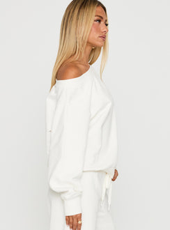 side view of model wearing Princess Polly Wellness Off The Shoulder Jumper Washed White 