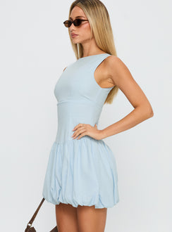 side view of model wearing Princess Polly Cicely Bubble Hem Mini Dress Blue Crew Neck 