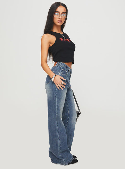 side view of model wearing Princess Polly Hanlen Jean Blue High Waisted 