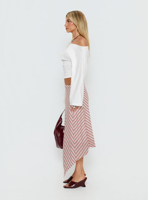  side view of model wearing Princess Polly Gwenora Asymmetrical Midi Skirt Pink Stripe Midi Skirts 
