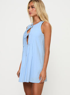 side view of model wearing Princess Polly Caddie Tie Mini Dress Blue Crew Neck 
