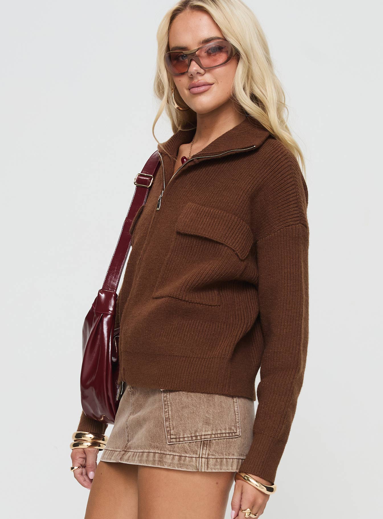 side view of model wearing Princess Polly Too Busy Zip Up Sweater Chocolate Cropped 