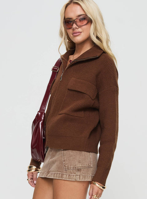 side view of model wearing Princess Polly Too Busy Zip Up Sweater Chocolate Cropped 