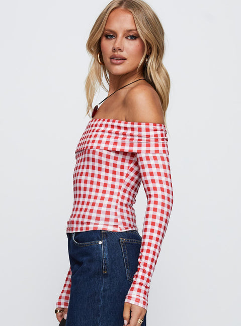 side view of model wearing Princess Polly Singular Off The Shoulder Long Sleeve Top Red Check Full Sleeves straight 