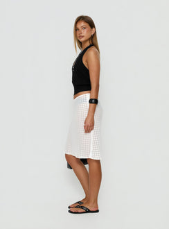 Showcasing the Evangela Sheer Midi Skirt in womens-skirts with a-line shape side view of model wearing Princess Polly