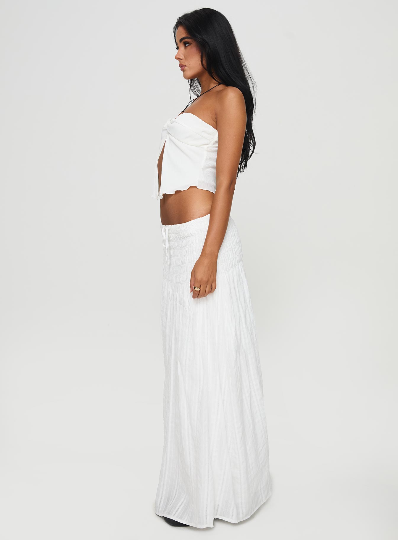   side view of model wearing Princess Polly Carana Maxi Skirt White Maxi Skirts Skirts 