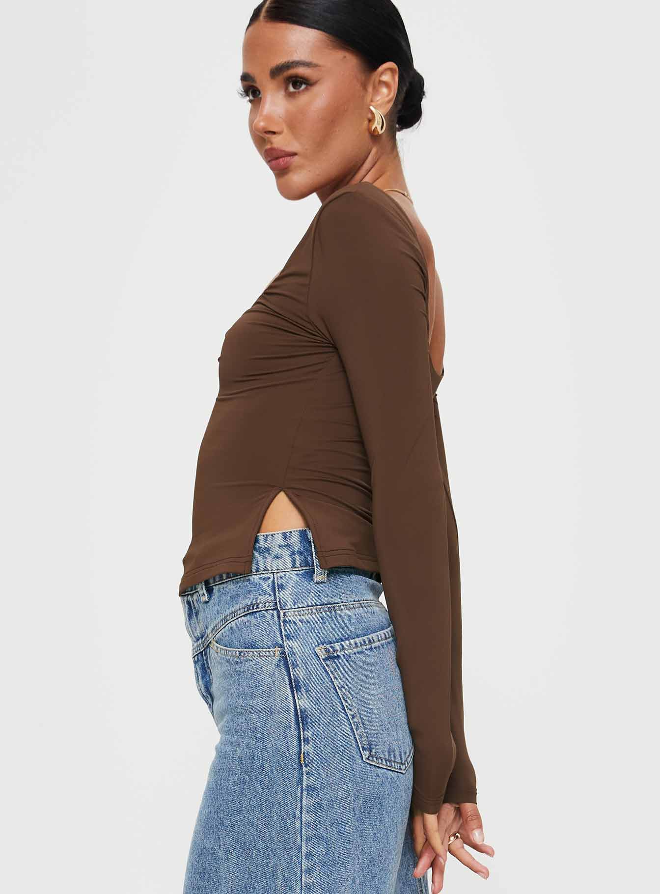 product Princess Polly Full Sleeves Square Neck  Rehna Long Sleeve Top Brown
