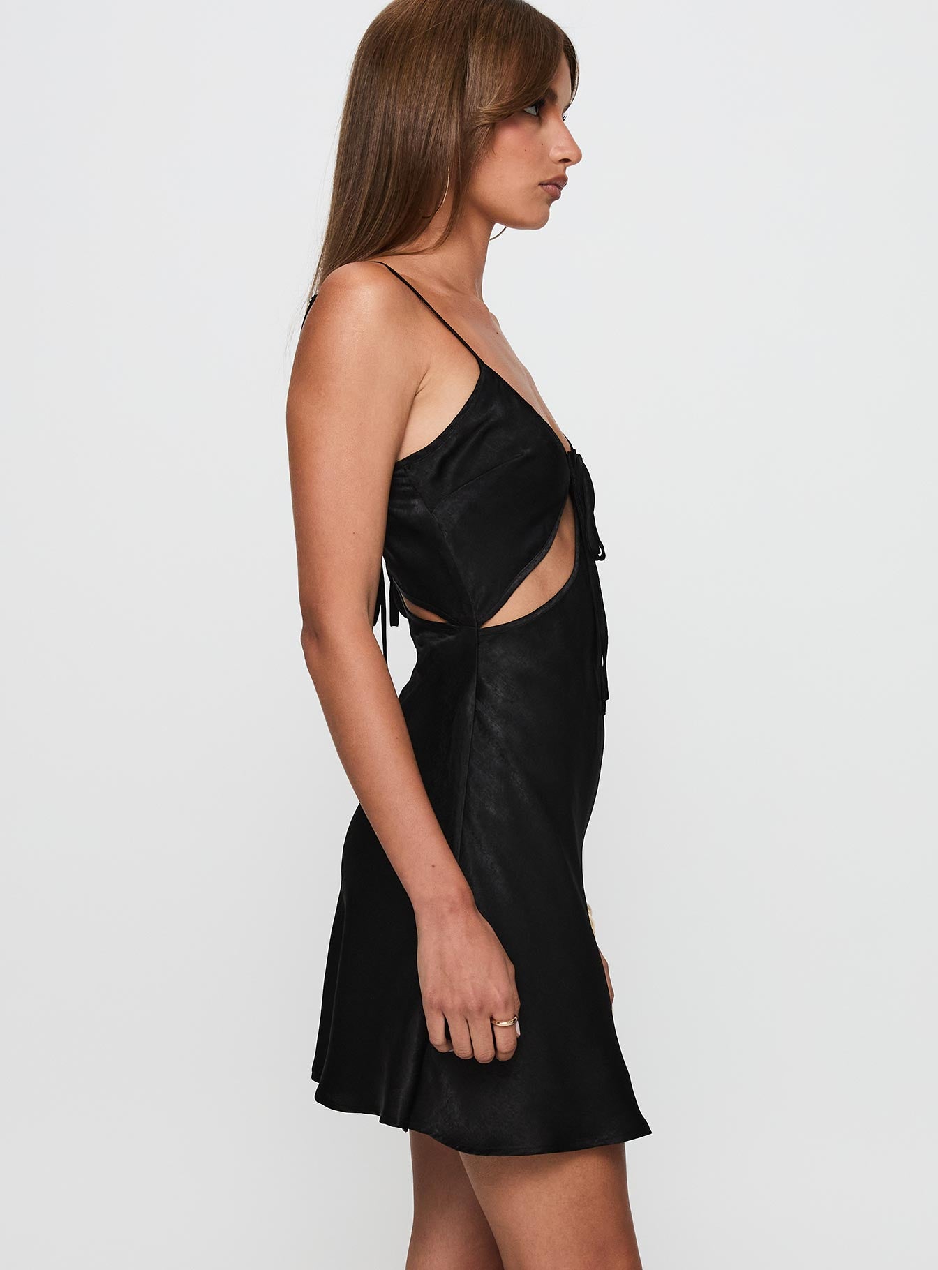 side view of model wearing Princess Polly Linger Bias Cut Dress Black V-Neck 