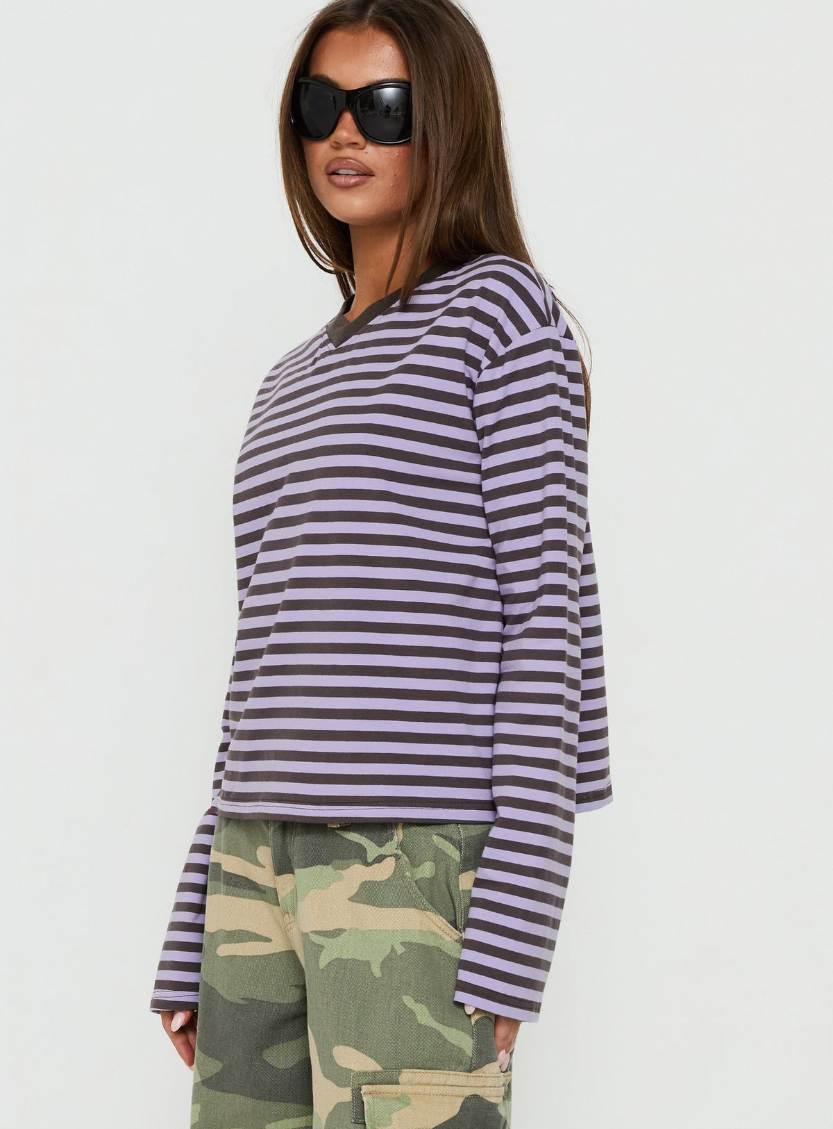 Viollette V Neck Long Sleeve Top Purple Stripe